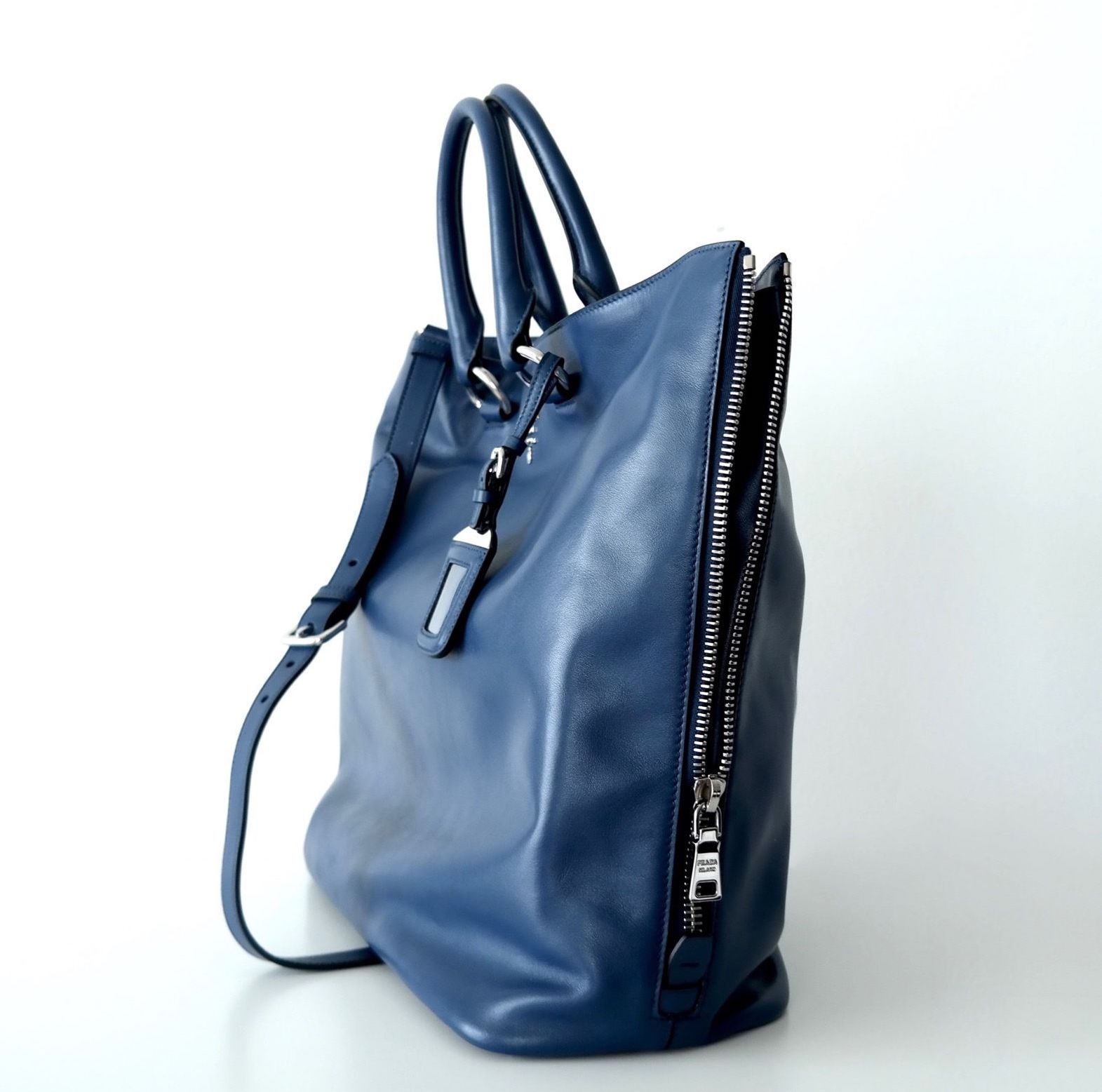 PRADA Side Zip Leather Tote Shoulder Bag Shopper Large Bluette BN2477